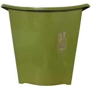Vintage 70s Avocado Green Small Wastebasket Gold Leaves Mid Century Modern 11"
